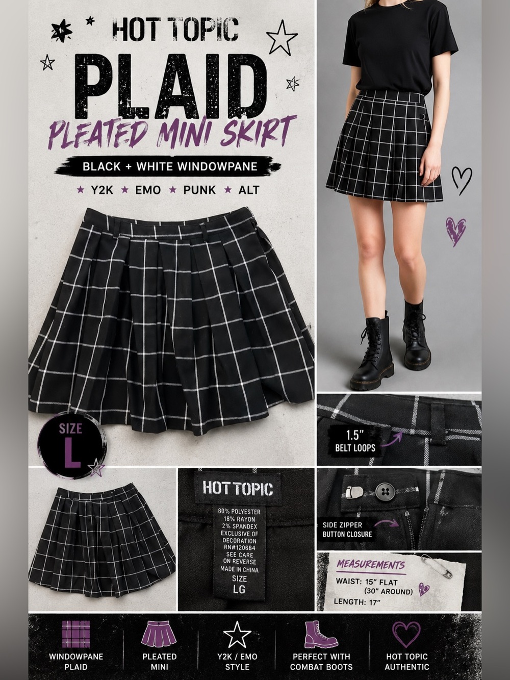 Hot Topic Black White Windowpane Plaid Pleated Mini Skirt Size L Y2K Emo Punk